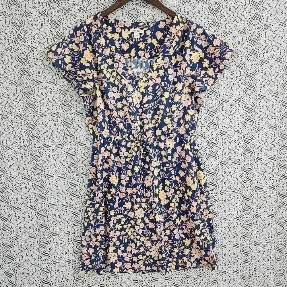 Goodthreads floral ruffle sleeve v neck chiffon mini shift dress M